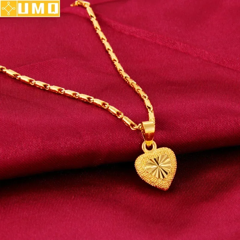 Kalung warna emas 24k rantai klavikula untuk wanita, Kalung Cinta liontin hati emas kuning perhiasan bagus Hari Valentine