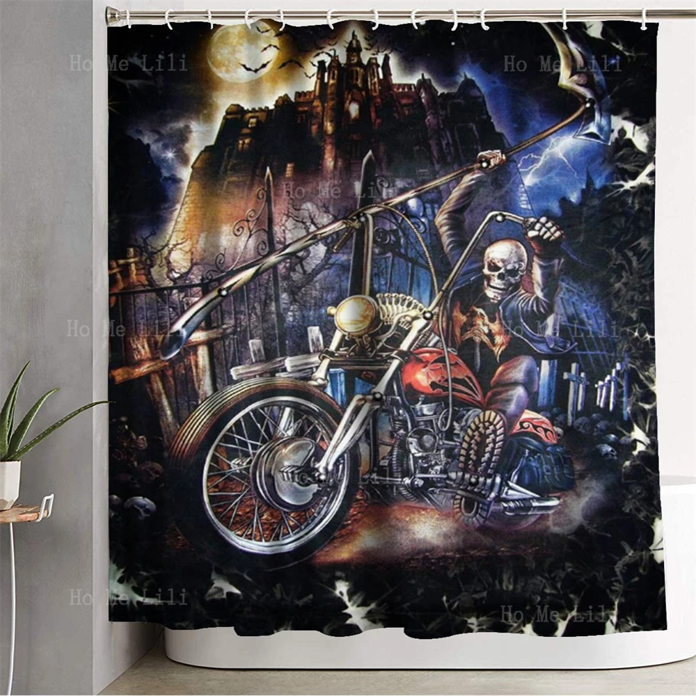 A Skeleton On A Motorbike Outside The Castle On Halloween Horror Night Bathroom Decorate Set With 12 Hooks