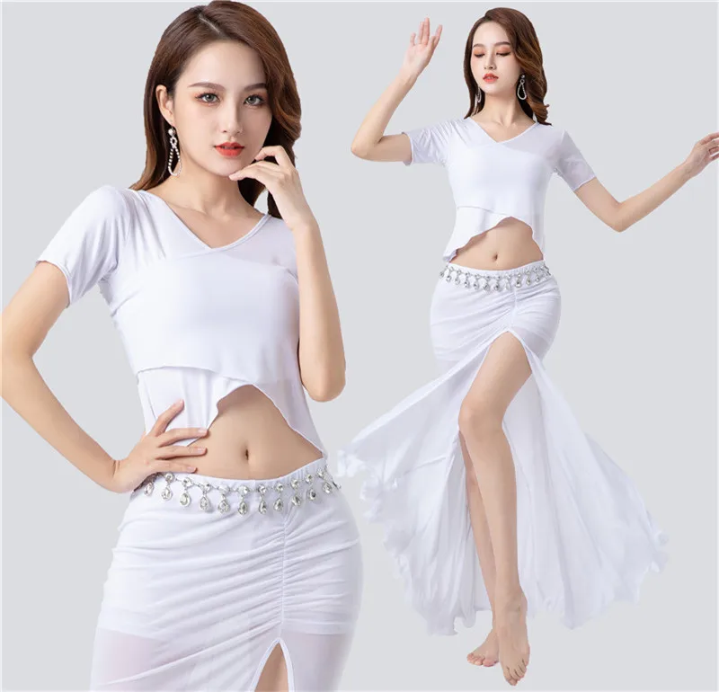 

customized women's adult belly dance set mesh modal dance practice costume performance leotard exotic dancewear long skirt wings