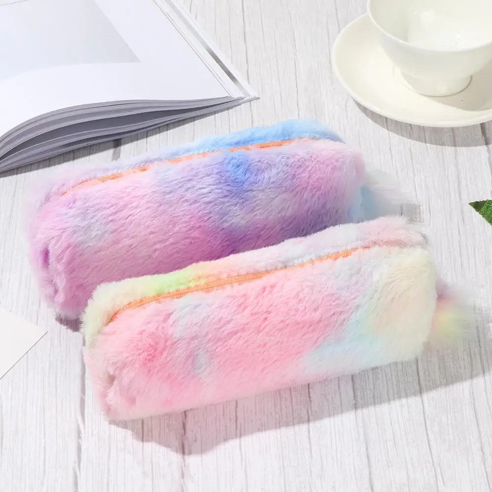 Kawaii Gradient Color Plush With Ball Octagonal Pen Bag Stationery Storage Bag Cosmetic Bag Pencil Case