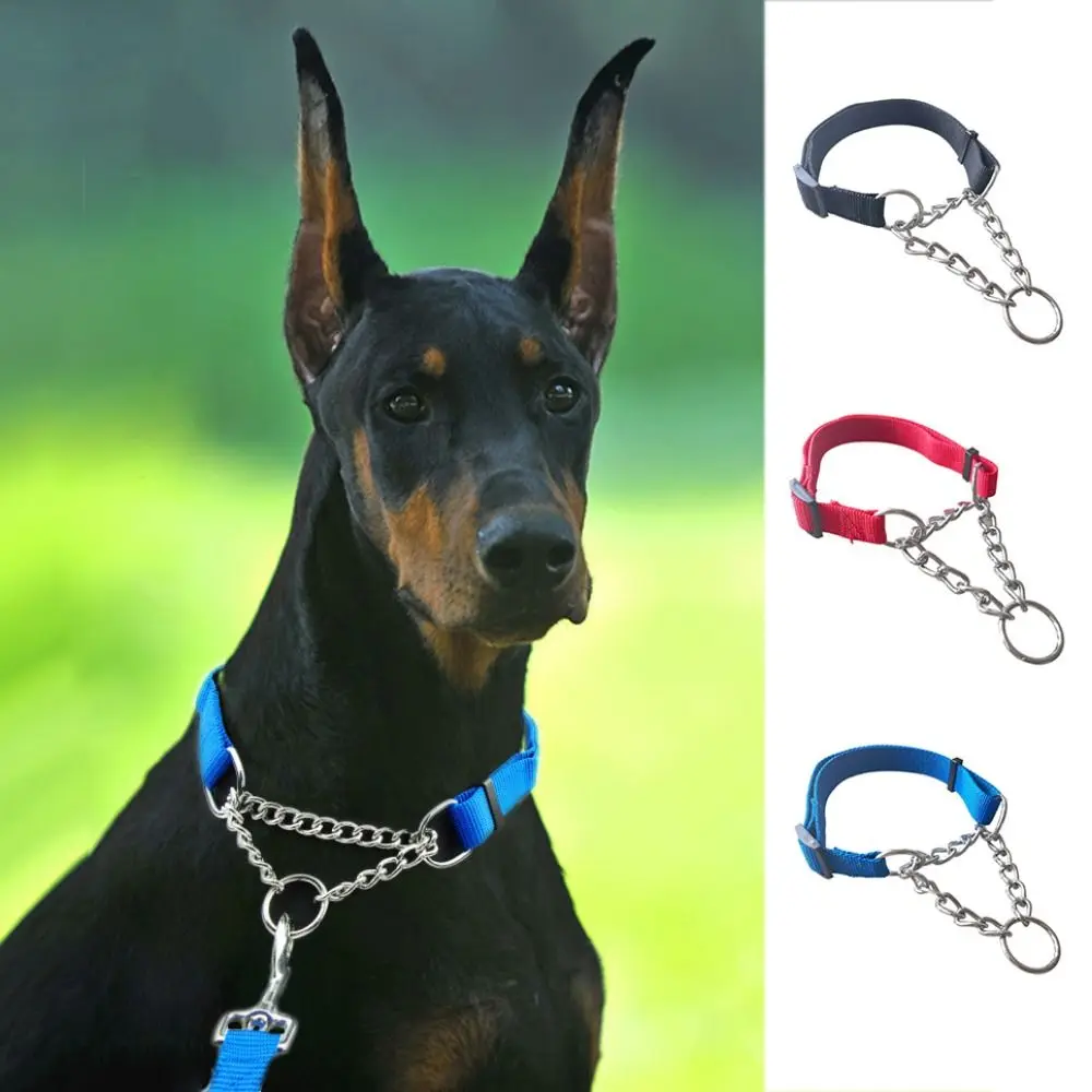 Pet Collar Adjustable Nylon Large Dogs Slip Pinch Collar with Welded Link Chain Dog Training Accessories