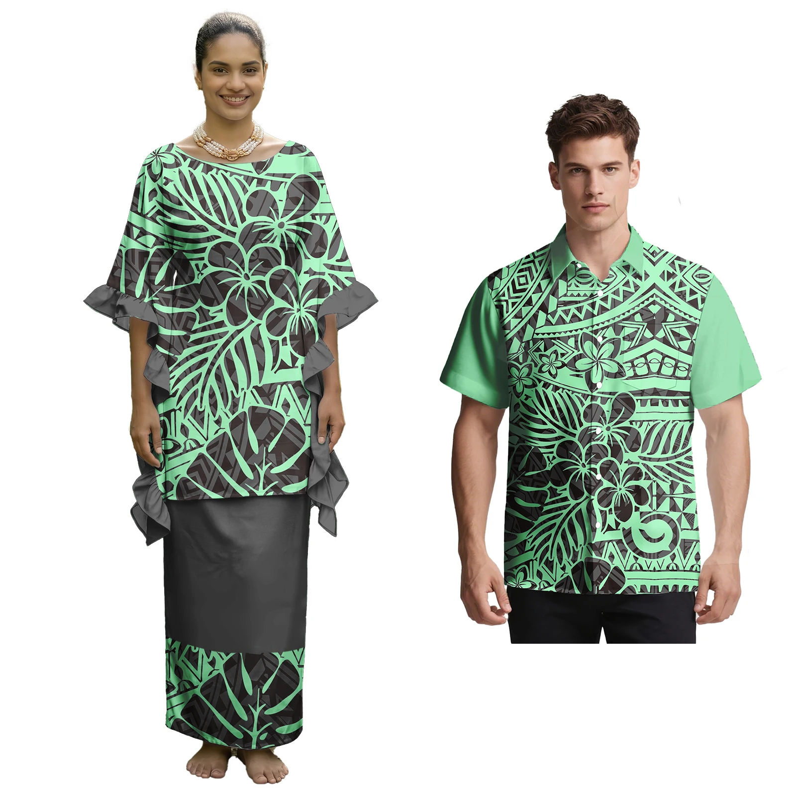 Unisex Clothes Custom Hawaii Men Shirts Polynesian Ruffled Sleeve Women Puletasi 2pc Set Samoan Tribal Style Church Couple Suit