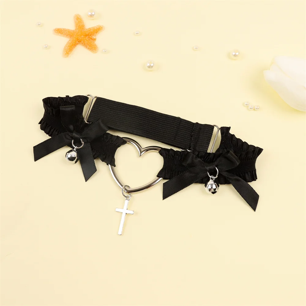 Lolita Lace Garters Leg Belt Punk Cross Heart Bow Leg Ring Goth Elastic Bell Thigh Choker Chain Women Lingerie Cosplay Harness — zdjęcie 6