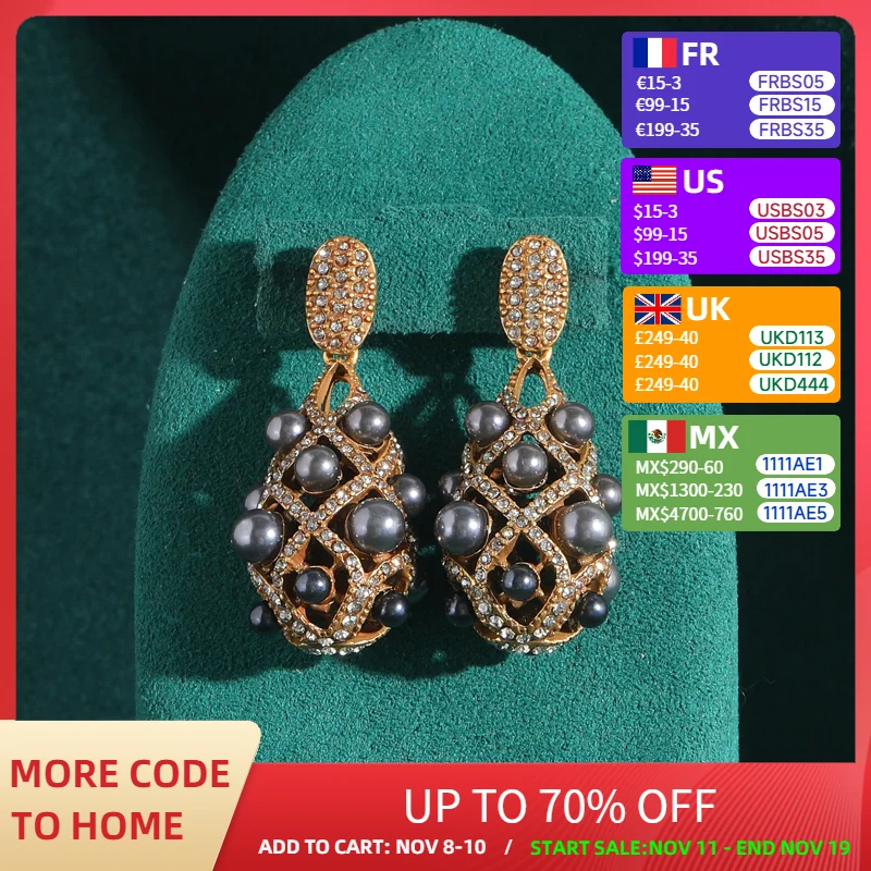 

Vintage Jewelry Wedding Pearl Earrings Freshwater Gray Cross Rhinestones Luxury Gold Color Luxury Designer Antique For Woman