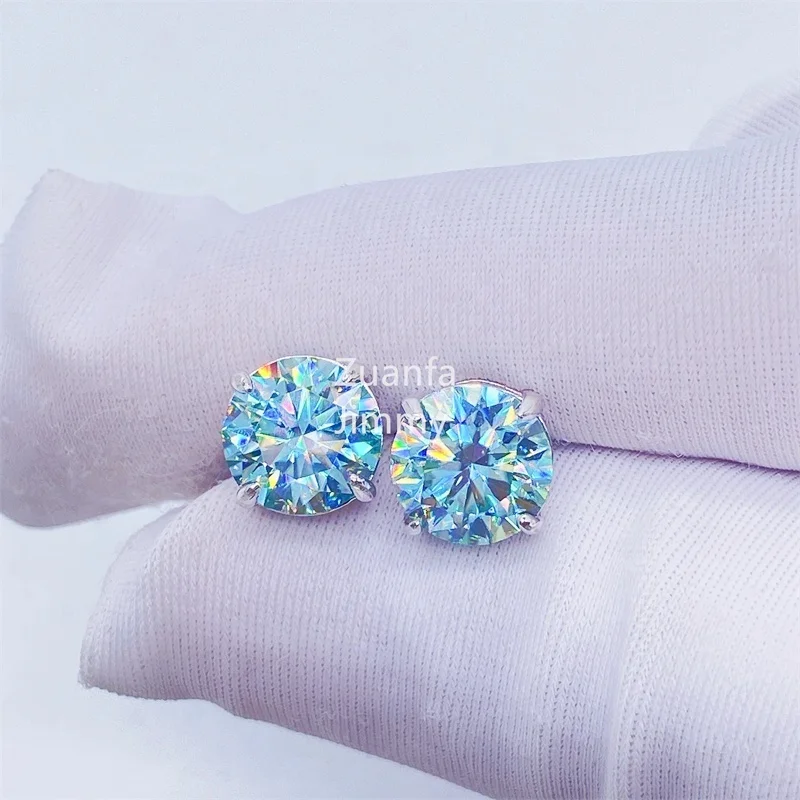 In Stock Pass Diamond Tester 925 Sterling Silver 8mm Blue Green VVS Moissanite Loose Stud Earrings Man