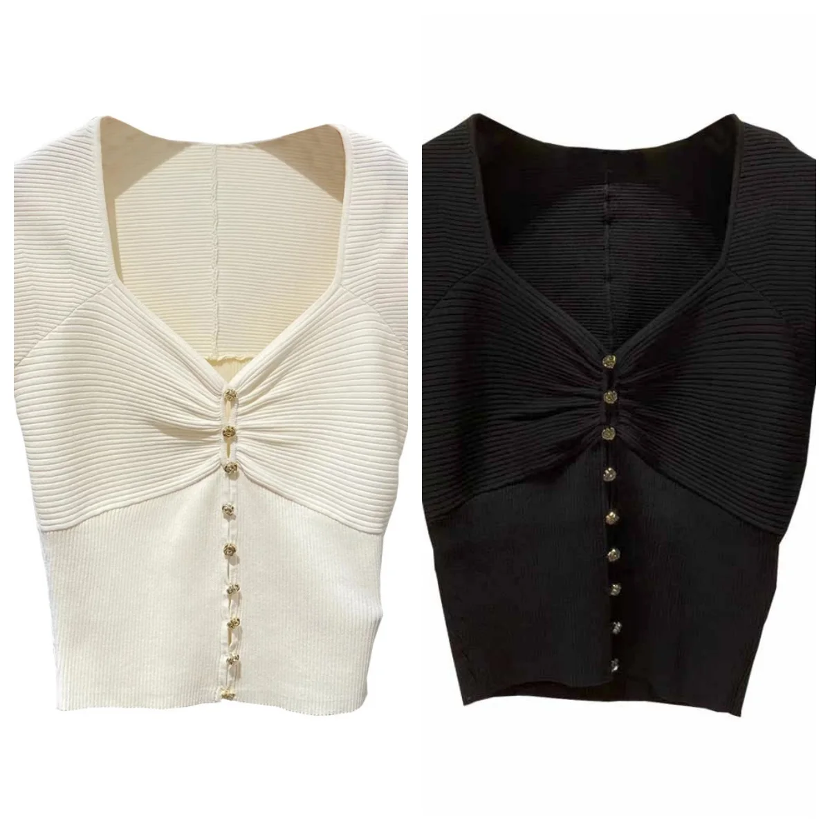

Two-color Knitted Tops with Floral Buttons and Decorative V-neck Slim Short Short Style for Women 25 New Autumn Women's Clothing