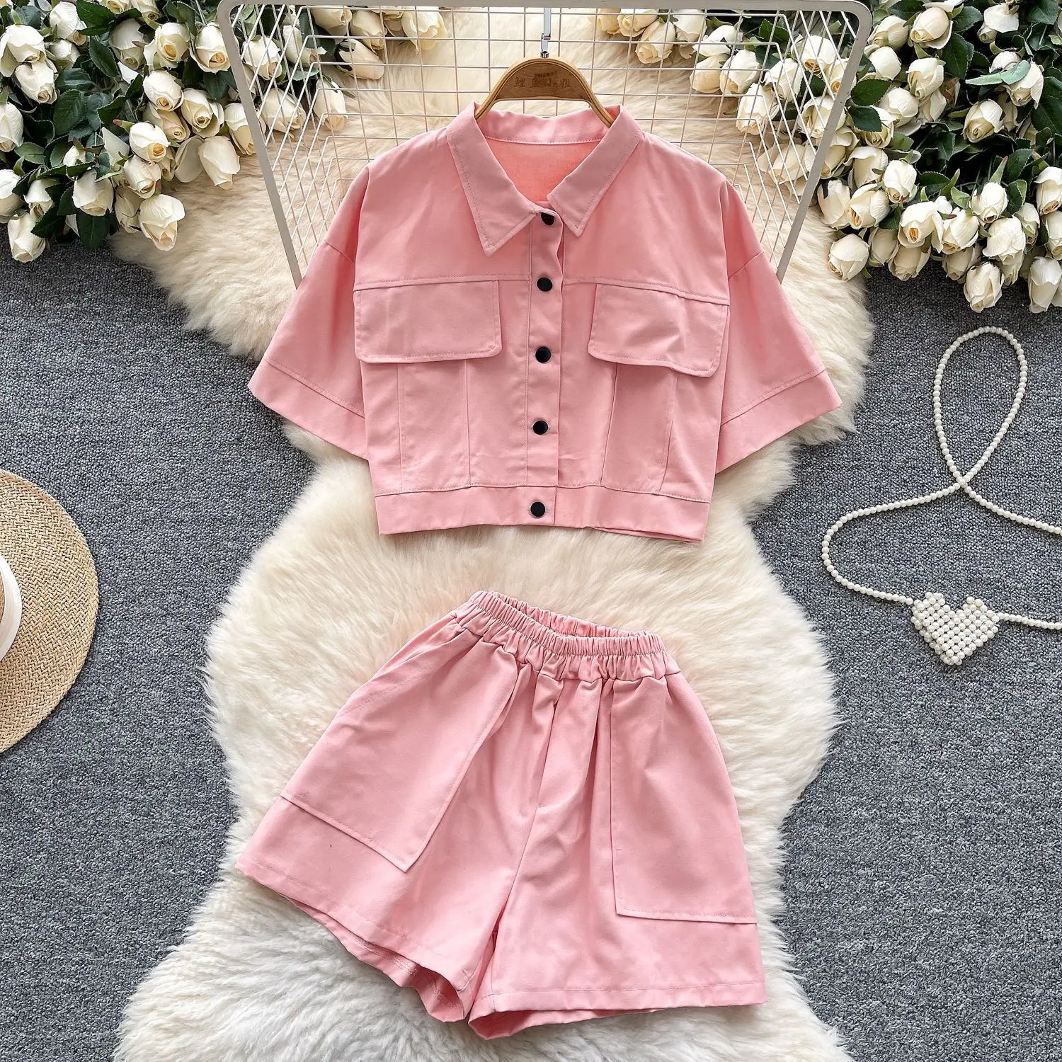 

Women Shorts Pant Set Two Piece Sets Turn Down Collar Short Sleeve Shirt Tops High Waist Pants Y2k Streetwear Elegant Splice