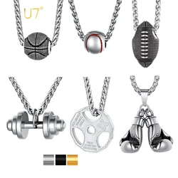 U7 Stainless Steel Sport Serie Necklace Volleyball Baseball Rugby Football Barbell Ball Charm Boxing Gloves Unisex Jewelry Gift