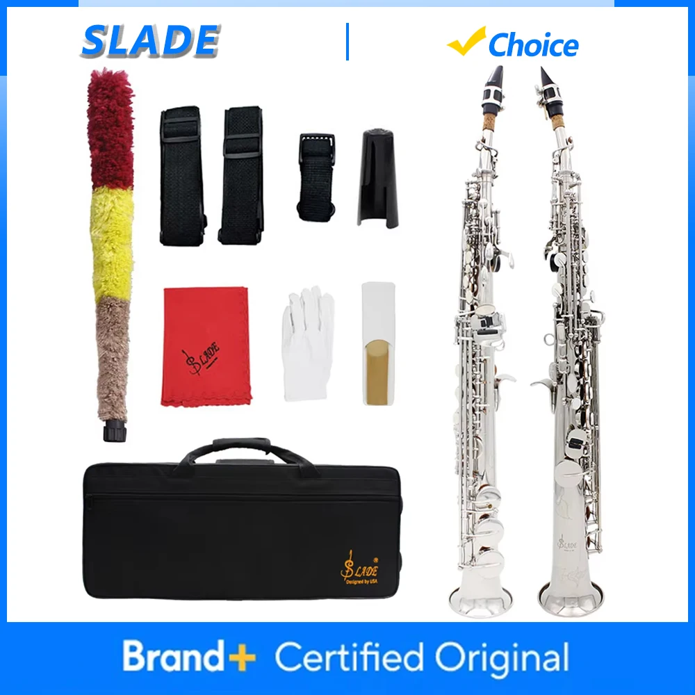 

Саксофон сопрано SLADE, латунный корпус, серебристый, Bb, прямой, духовой инструмент, саксофон с чехлом, тростниками, запчастями и аксессуарами