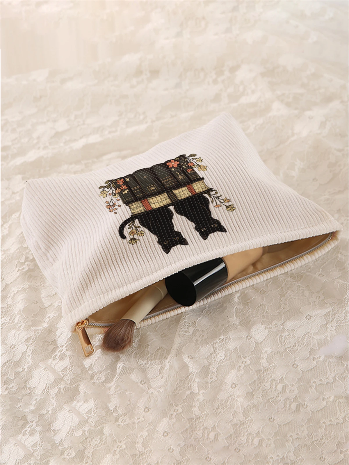 1 حقيبة مكياج سروال قصير بنمط قطة كرتونية، صندوق تخزين مكياج بسحاب خفيف الوزن، حقيبة متعددة الوظائف مع بطانة