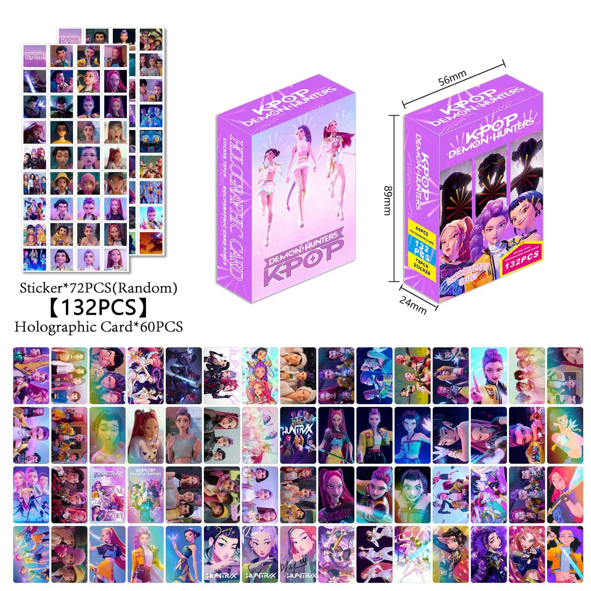 

132pcs Huntrix Girls KPop Demon Hunters Holographic Cards, Double-Sided LOMO Photo Cards with Mini Stickers Set
