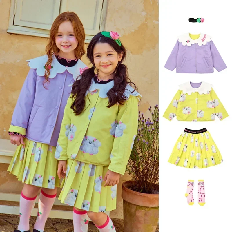 

Girls' Coat Skirt Set 2025 Spring Cartoon Print Fashion Korean Jacket Pure Cotton Lovely Girls' Pleated Skirt Children's Wear