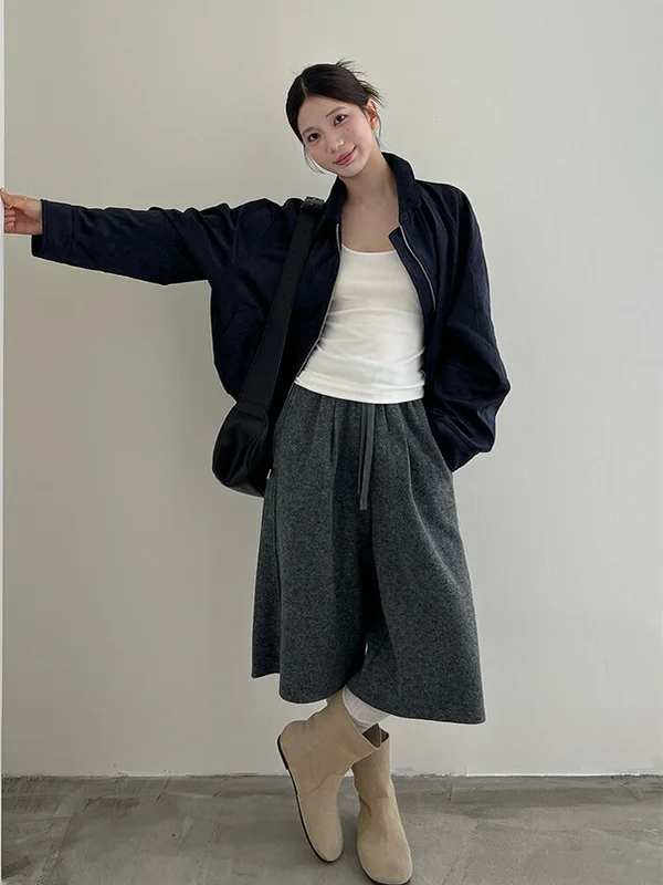 

plus Size Wide Leg High Waist Five-Quarter Pants Women's Autumn Winter Faionable Small Size High Waist Mid-Length Pants
