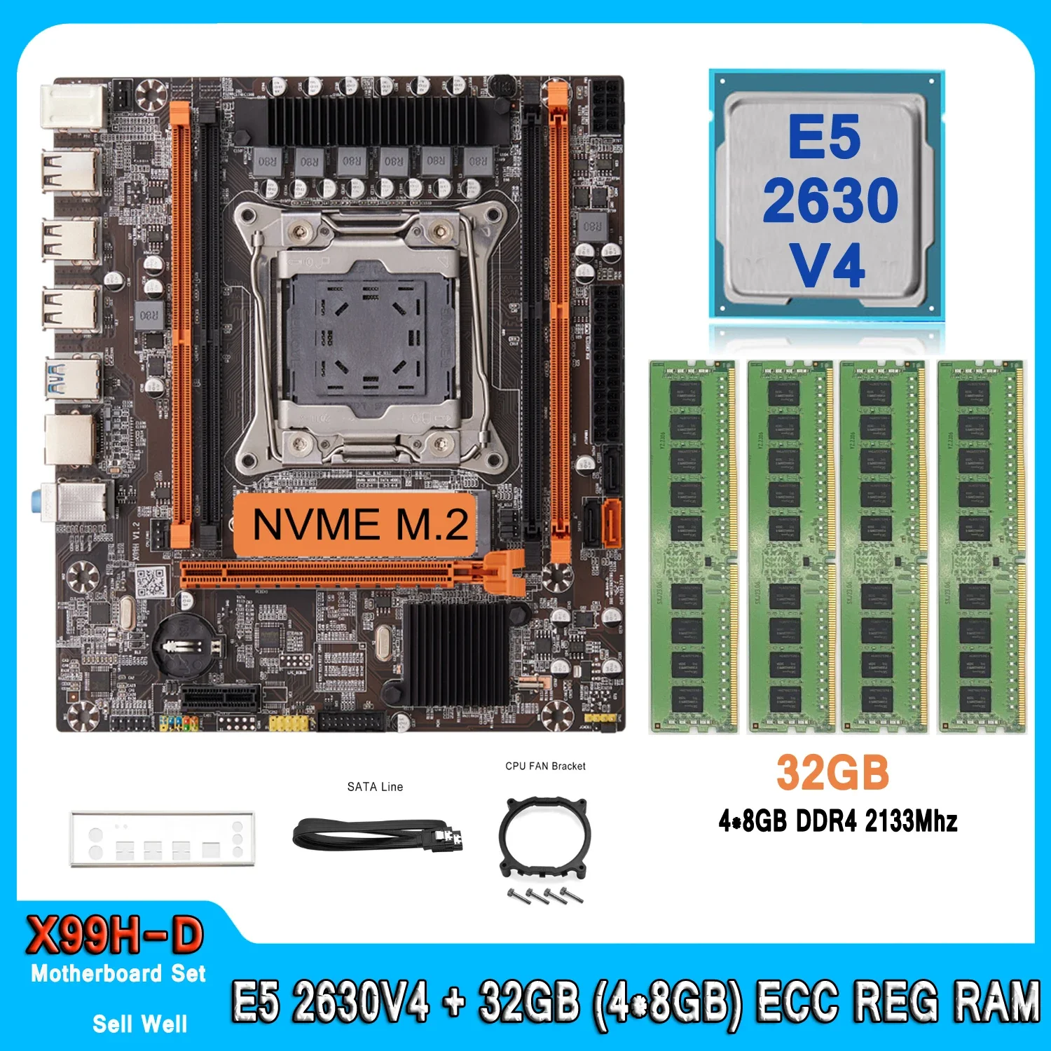 LGA 2011-3 XEON X99 Motherboard with E5 2630 V4 with 32GB (4*8GB) DDR4 RECC Memory Combo Kit Set E5 2630V4 Motherboard Set