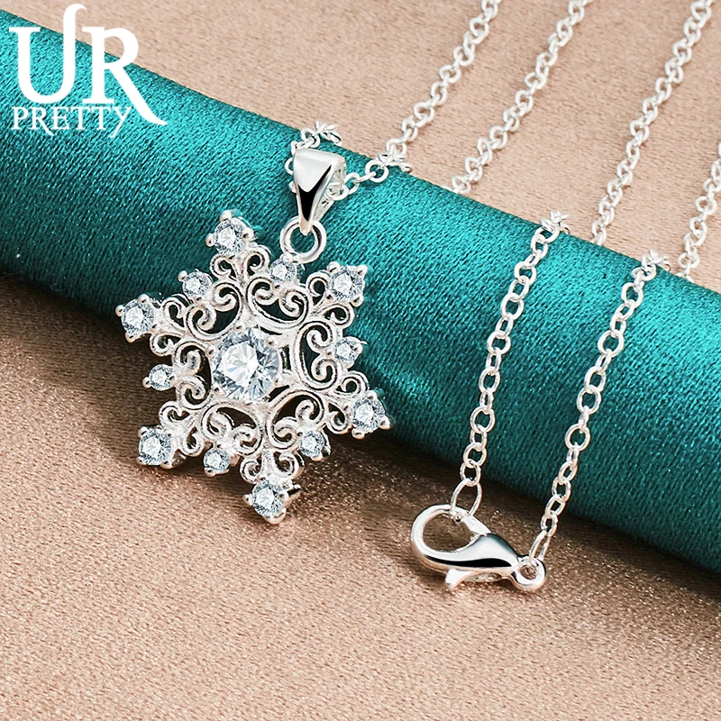 URPRETTY 925 Sterling Silver Snowflake Zircon Pendant Necklace 16/18/20/22/24/26/28/30 Inch For Woman Party Wedding Jewelry Gift