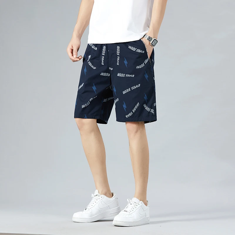 Summer Thin Fashion Letter Casual Shorts Printed Loose Straight Men's Clothing Zipper Pockets Spliced Basic Korean Knee Pants