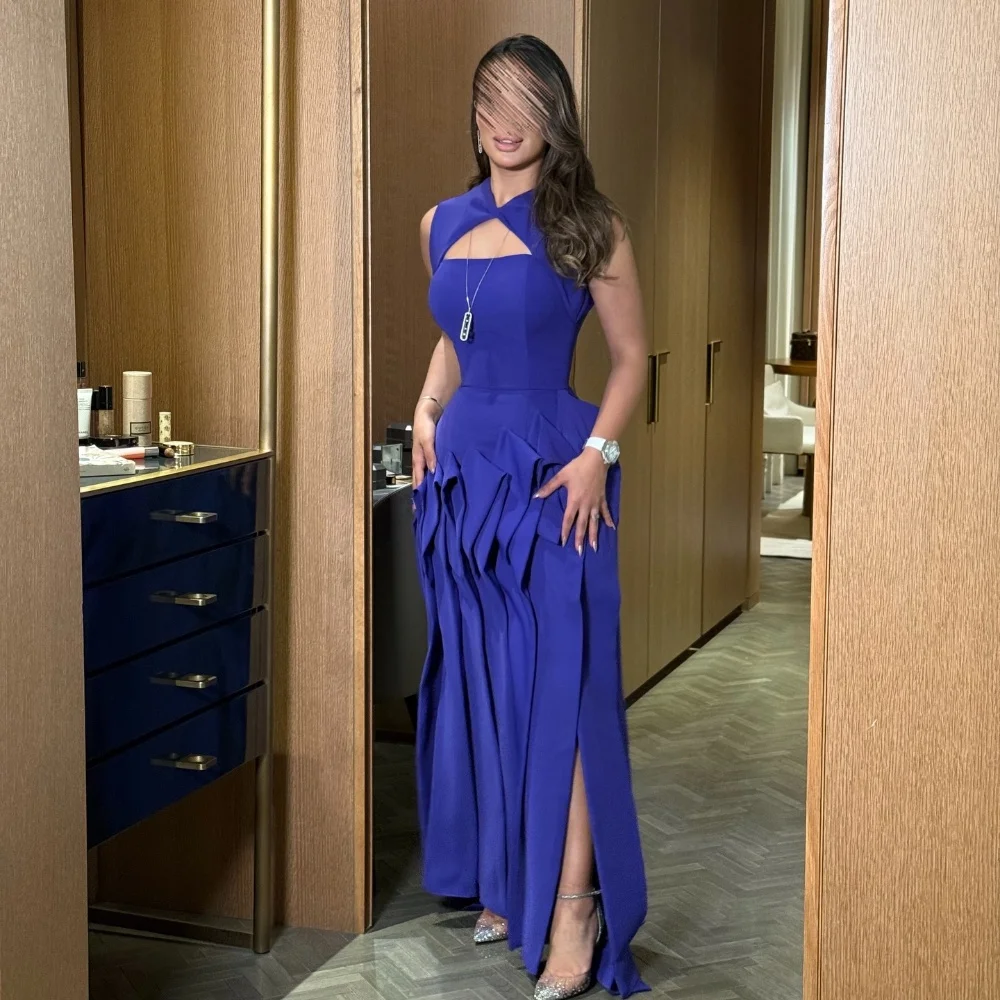 Customized Exquisite Elegant Jersey Pleat Ruched Draped Mermaid High Collar Floor-Length Evening Dresses Exquisite High Quality