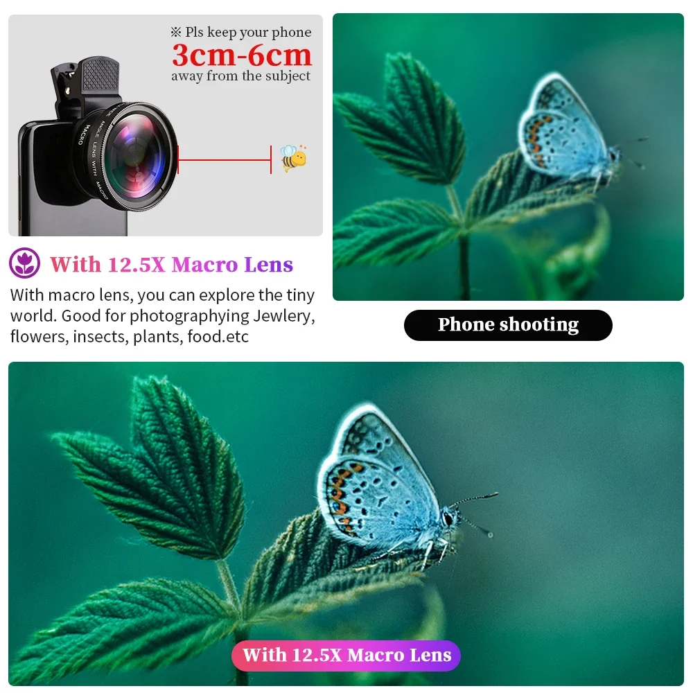 Universal Phone Lens kit 0.45x Ultra Wide Angle Macro External Cellphones Lens And 37mm Phone Lens Clip For iPhone Android