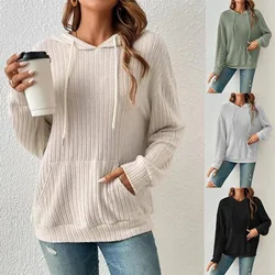 Autumn Women Loose Drawstring Hoodies Warm Long Sleeve Pockets Solid Color Sweatshirts 2024 Female Street Casual Stripe Clothing