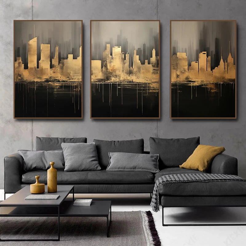 1PC--Golden City Horizon Poster Minimalist City Skyline Abstract Canvas Painting Wall Art Print for Living Room Home Decor Cu