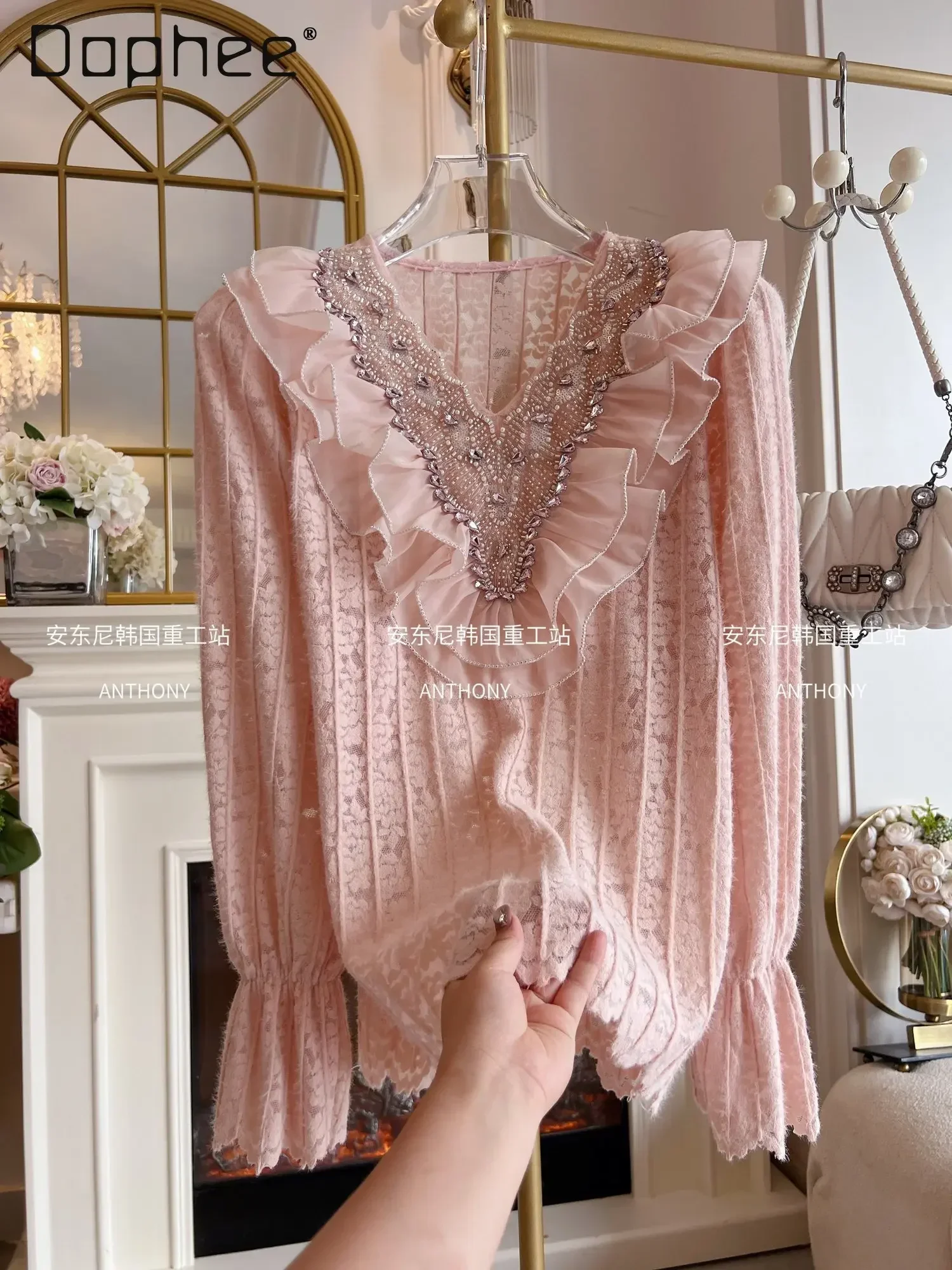 

Lace V-neck Ruffled Blouse Women Sweet Diamond Flare Long Sleeve Bottoming Shirt Irregular Hem Pink Spring Autumn Fashion