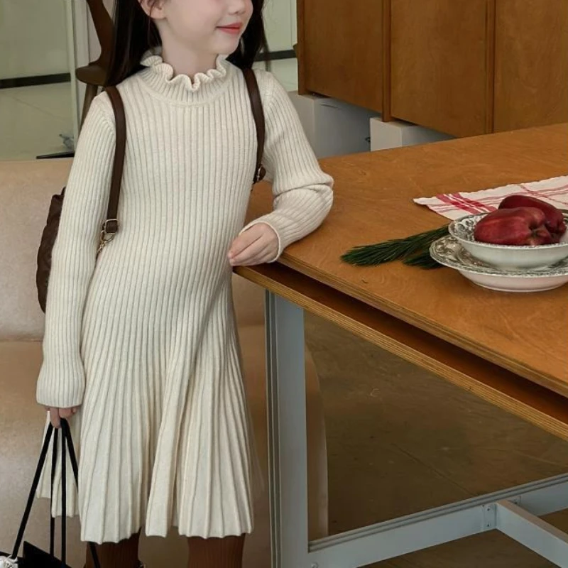 

Girls Solid Color Korean Knit Dress 2025 Autumn Winter New Stylish Mid Length Knitwear Hot Sale