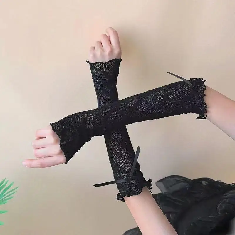 Sarung Tangan Tanpa Jari Jaring Ruffle Renda Panjang Musim Panas Sarung Tangan Pelindung Matahari Lengan Tabir Surya Tipis JK Lolita Kawaii Sarung Tangan Jala Seksi