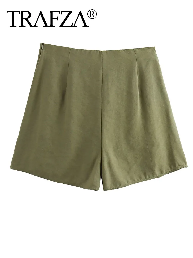 TRAFZA Summer Women's Fashion Green Skirt A-Line High Waist Zipper Mini Skirts Woman Elegant Female Pleated Shorts Streetwear