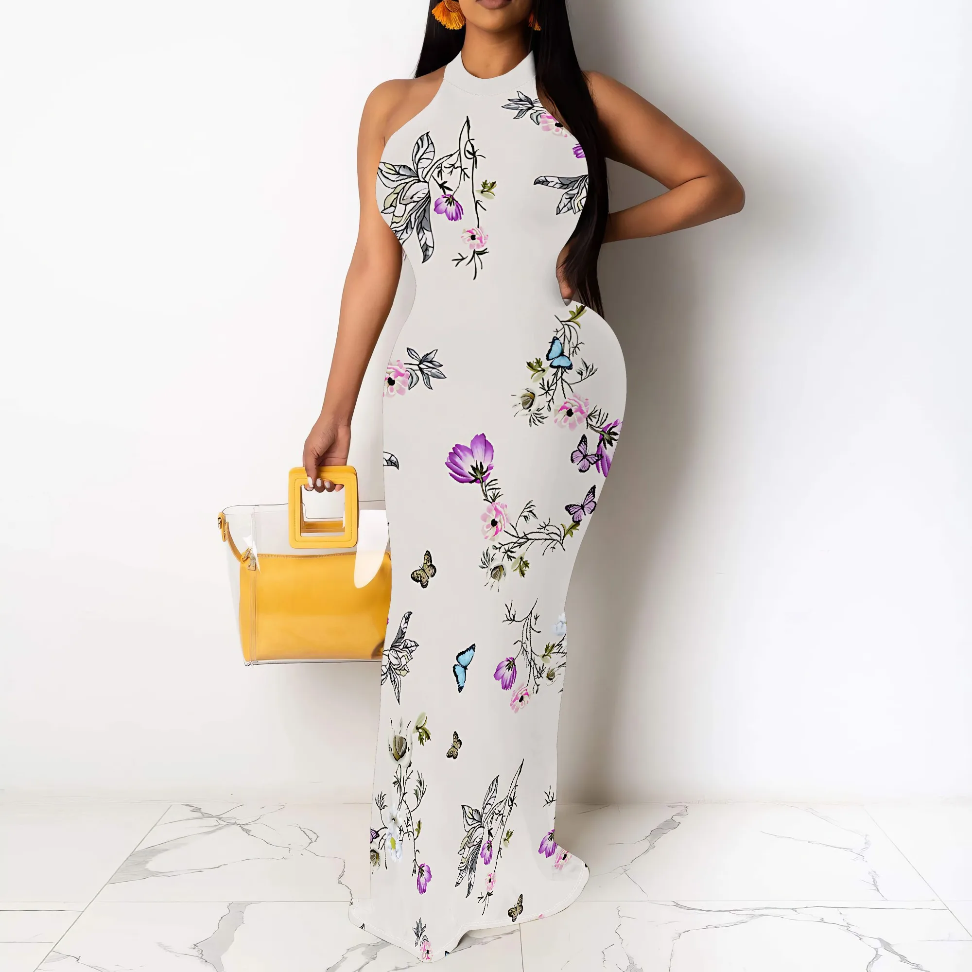 

Blue Marble Animal Print Maxi Dress Halter Neck Sleeveless Clubwear Long Dress