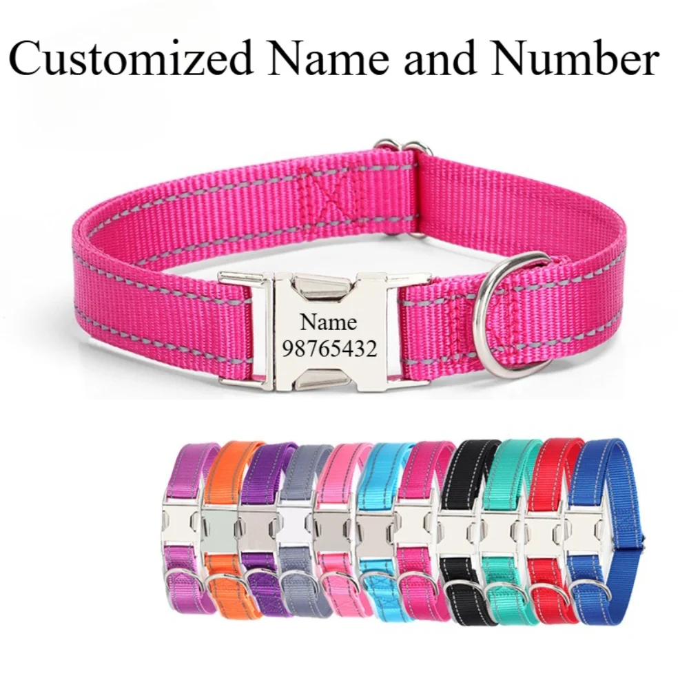 

Customized Name and Number Nylon Reflective Dog Collar Solid Color Metal Buckle Outdoor Walking Pet Accessories Supplies