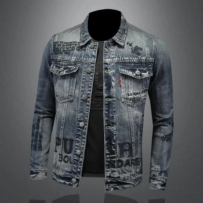 

New men's denim jacket fashion casual lapel handsome motorcycle jacket high street retro trend loose denim top men's clothing