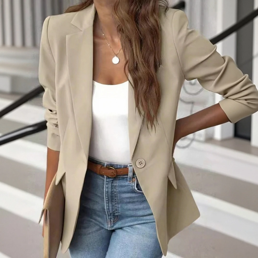 

Women's Business Casual Blazer Autumn Long Sleeve Lapel Office Lady Jacket Button Decor Plain Style
