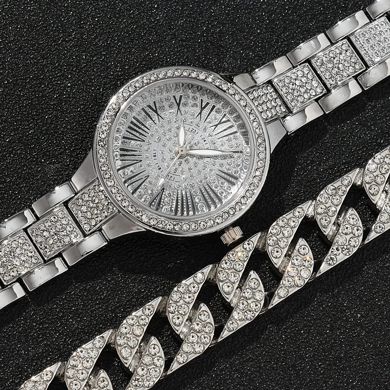 2pcs/set 1pc  Large Dial Square Rhinestone Watch + 1pc Chain Bracelet