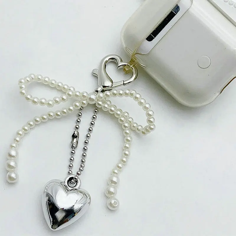 Korean Cute Bow Pearl Phone Pendant Chain Y2K Heart Charm Strap Phone Accessories For iPhone SamsungCamera Bag Keychain Airpods