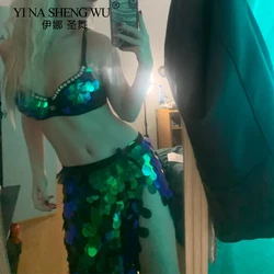 Women Belly Dance Performance Outfit Shiny Sequin Lace-up Crop Top with Split Long Skirt Mermaid Cosplay Costume Sequin Tassel