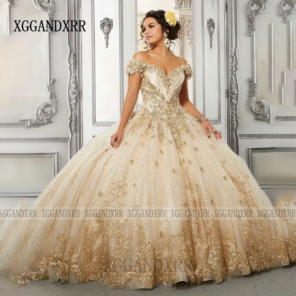 puffy champagne quince dress New Champagne Quinceanera Dress 2026 Princess Sweet 16 Dress Gold Applique Birthday Party Gown Long Puffy Vestidos De 15 Aos