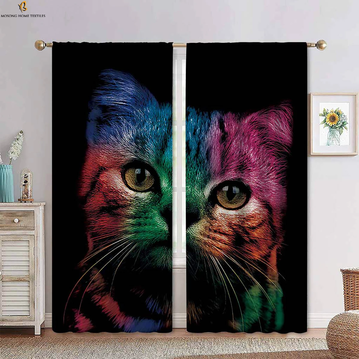 2szt Cartoon Kitten Cute Printed Curtain Rod Pocket Bedroom Living Room Kitchen Decorative Curtain Household Supplies