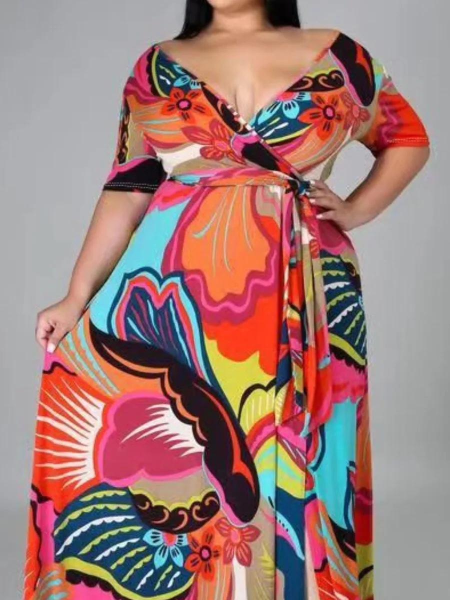 

LW Plus Size dresses Mixed Print Bandage Design Wrapped Dress Sexy V neck women‘s dress summer short sleeve maxi dress vestido