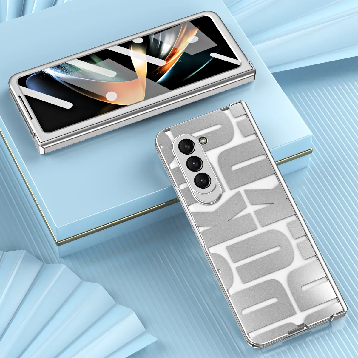 Phone Case For Samsung Galaxy Z Fold 6 5 4 3 5G With Front Screen Glass Colorful Plating Meets Hinge Plastic Back Cover K02