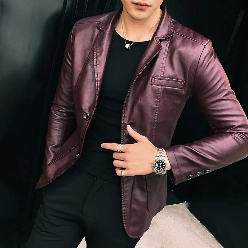 Thin Slim Fit Leather Jacket for Men Single Breasted New In Man Suits and Blazers Handsome Vintage Simple Casual Classic Coats