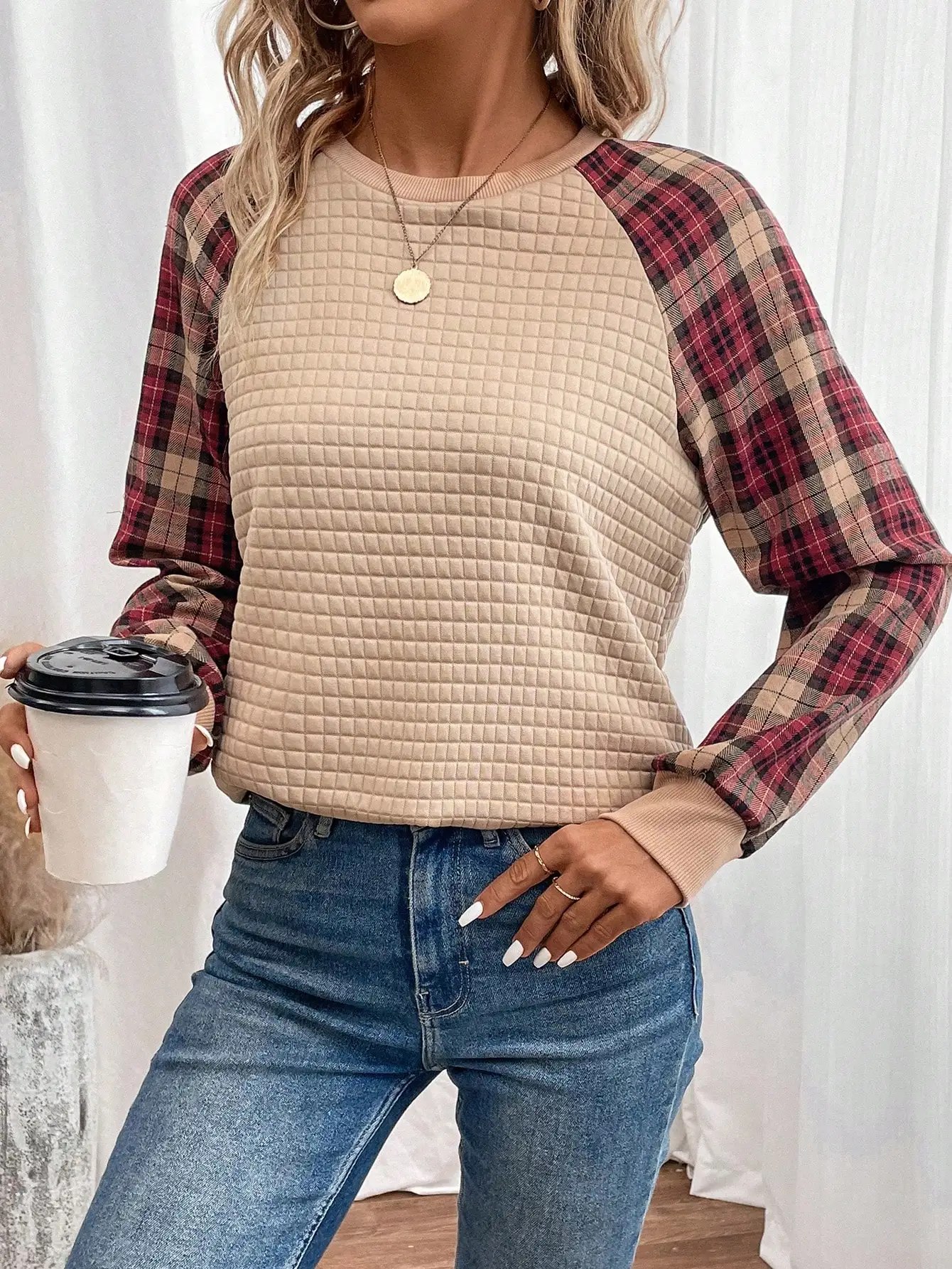เสื้อสเวตเชิ้ตแขนแรกลันลายสก๊อตสำหรับผู้หญิง เสื้อลำลองฤดูใบไม้ร่วงฤดูหนาว