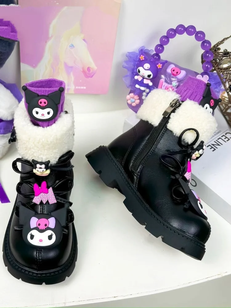 الشتاء Kuromi الأحذية القطنية أنيمي سانريو Ins Kawaii الأطفال الخريف الشتاء الكرتون الصوف مقاوم للماء أحذية قطنية دافئة الهدايا