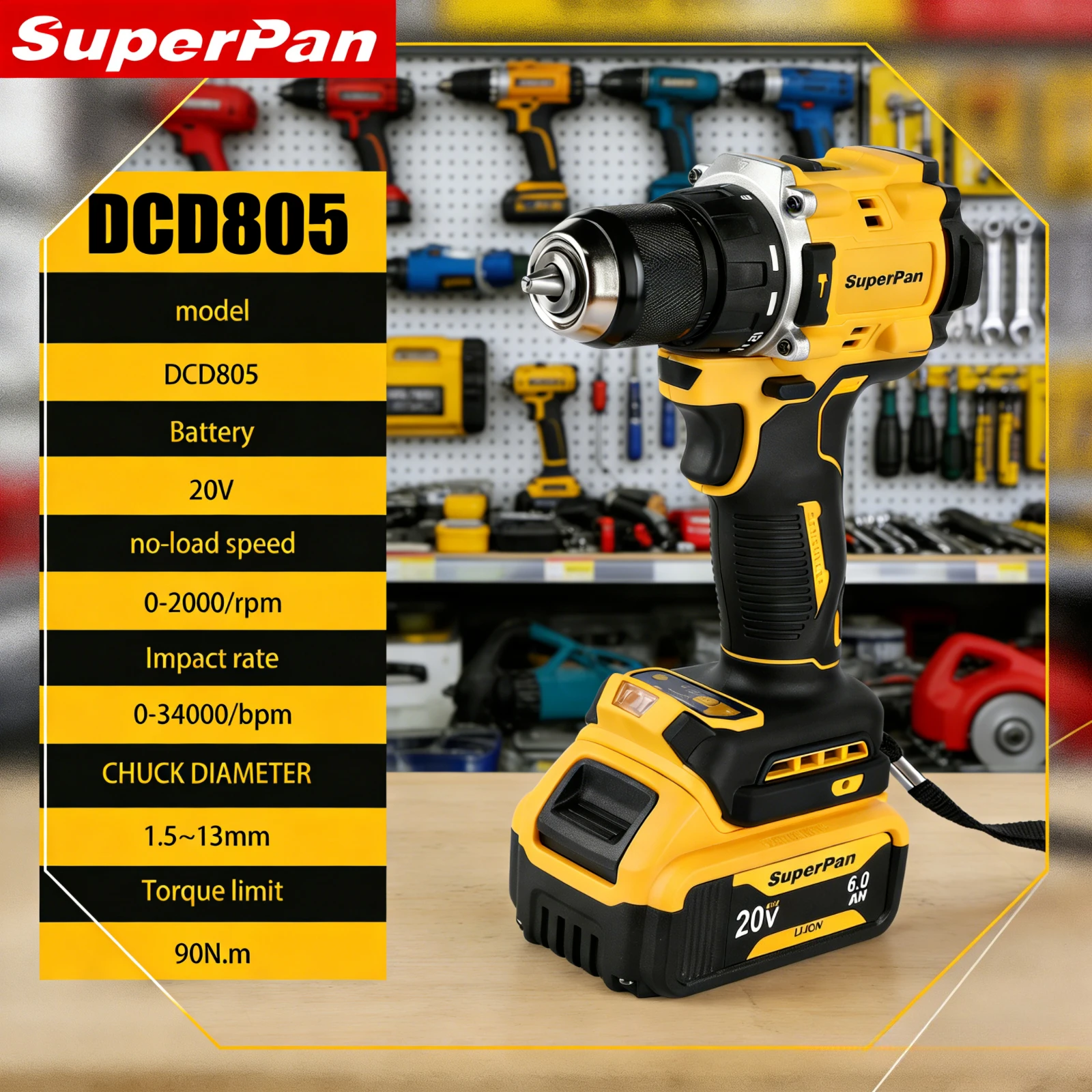 

SuperPan SP805 High Power Drill with Torque Control power tools for Home Construction Tool for dewalt 20V battery pin
