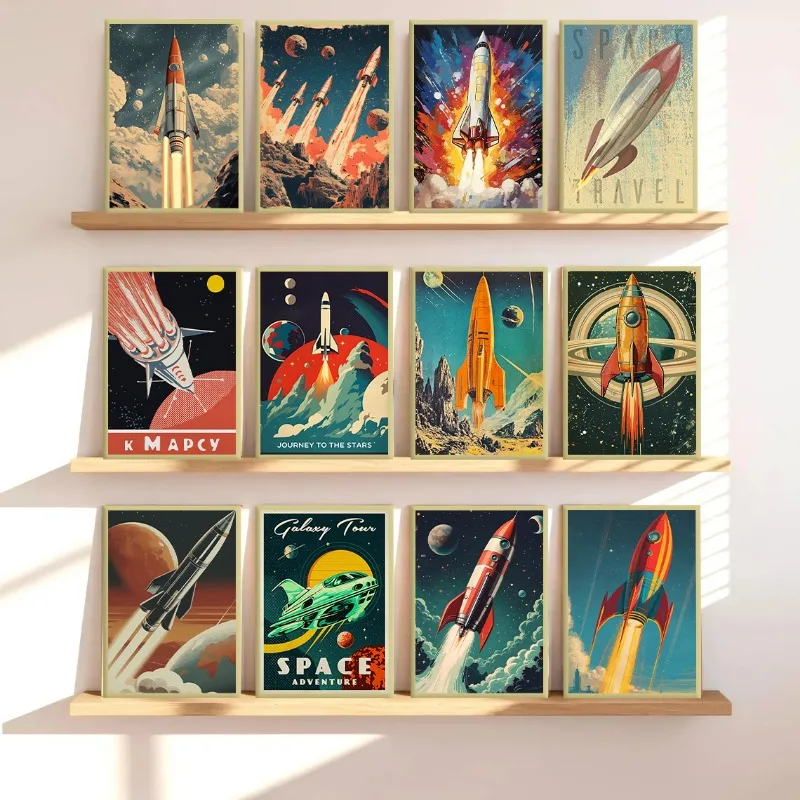 Póster Vintage de viaje espacial de la galaxia, pintura en lienzo de Sky Explorer, lanzamiento de cohete, viaje a las estrellas, arte de pared para decoración del hogar