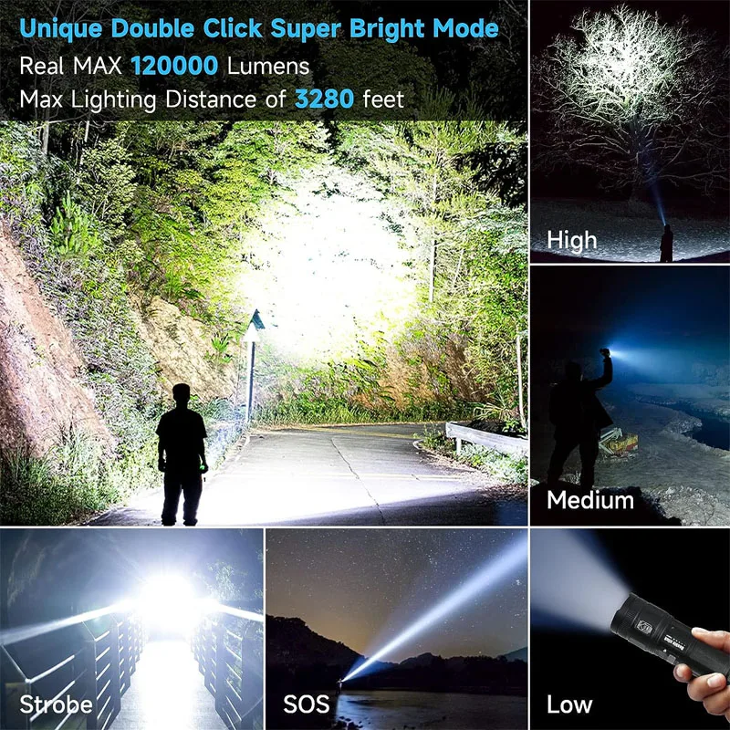 Laser Flashlight 60W Rechargeable Super Bright Flashlight with COB Work Light Powerful Handheld LED Tactical Flashlight