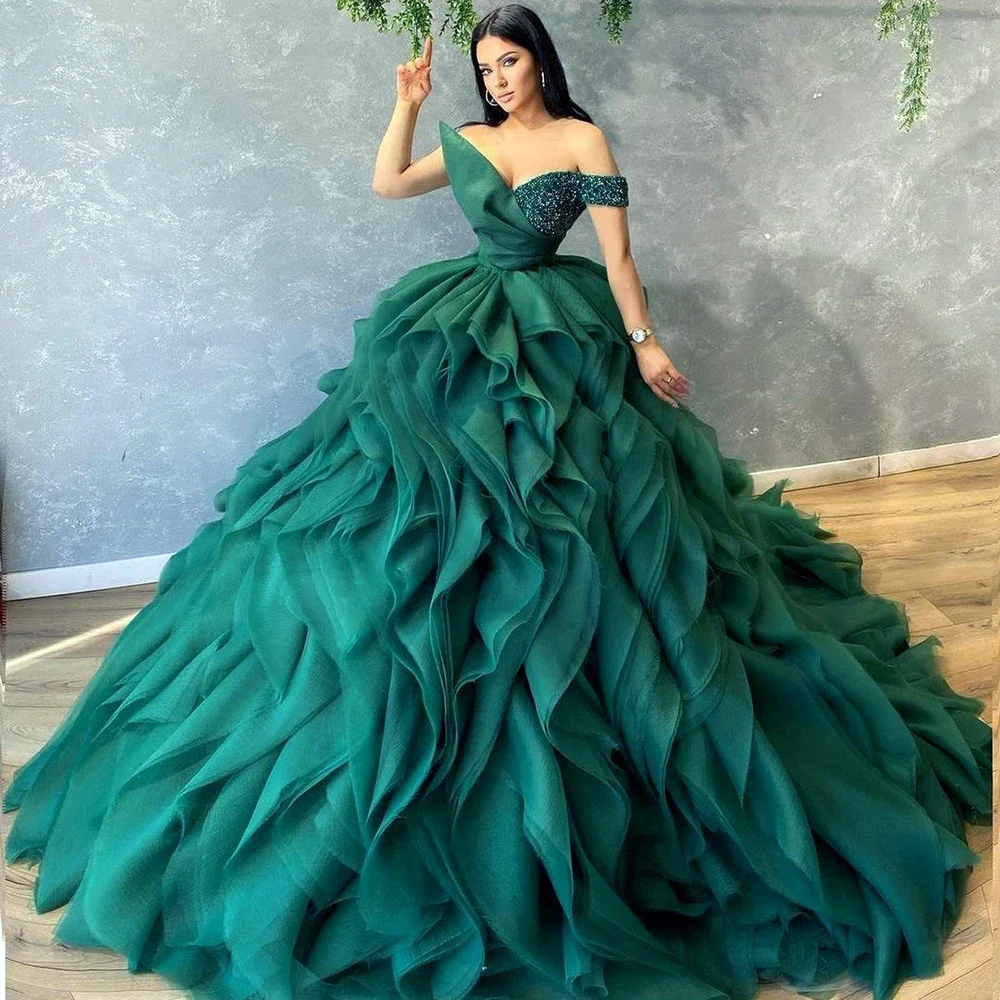 Fashion Ruffles Evening Dresses Elegant Sequined Off The Shoulder Ball Gowns Formal Chic Tiered Pleat Prom Party Dresses