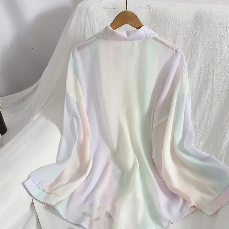 Women Chic Chiffon Rainbow Sun Protection Blouse Summer Loose See Through Thin Shirts Female Casual Long Sleeve Female Tops New