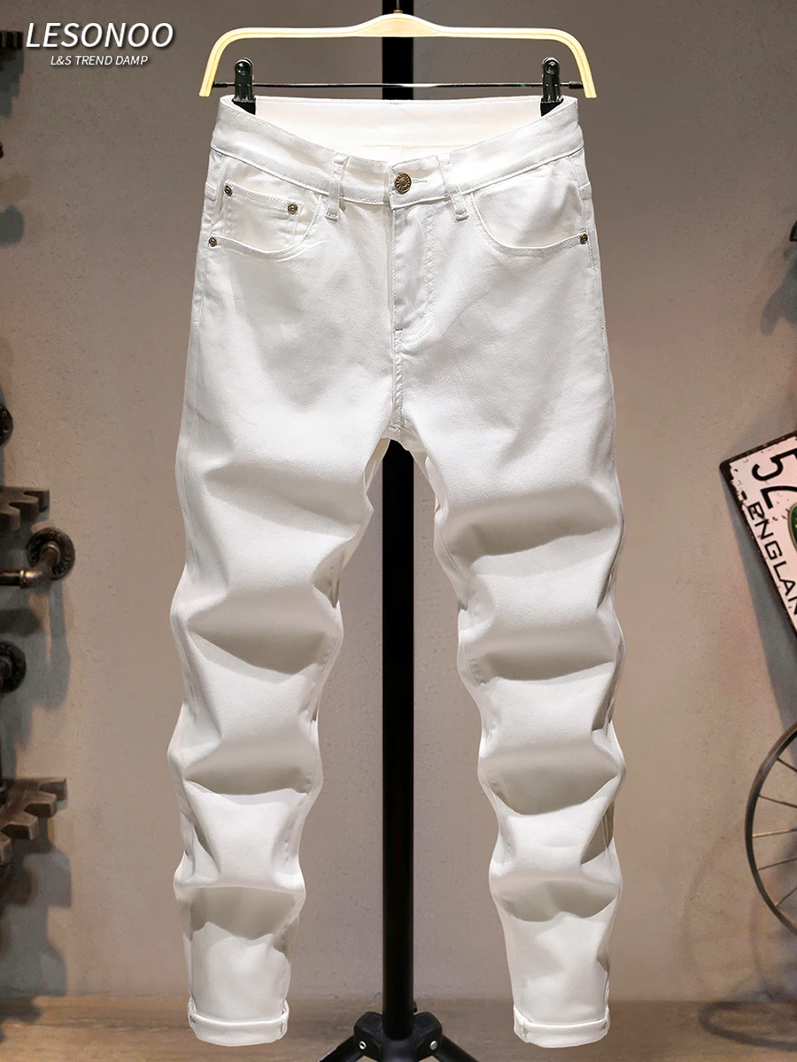 

Мужские белые джинсы Slim Fit, новые летние эластичные универсальные брюки с узкими штанинами, мягкие дышащие длинные брюки, молодежная мода