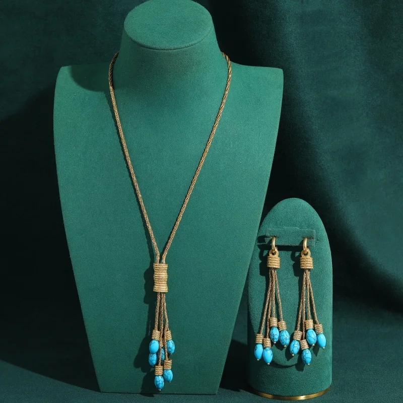 

Vintage Turquoise Jewelry Sets Tassel Pendent Necklace Drop Earrings Gold Color Bohemia Anniversary Brand Accessories Woman Gift