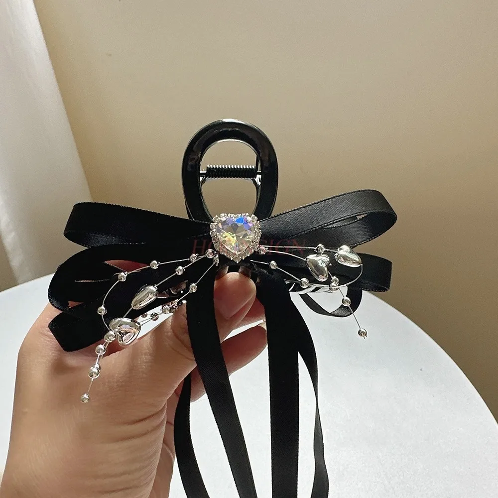 مزاجه Bowknot، مقطع قبضة حجر الراين، شريط شرابة راقي، مشبك شعر ملعقة الرأس الخلفي، مشبك كبير